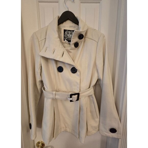 Esprit Cream Women's M Double-Breasted Wool Belted Peacoat w Black Buttons Y2K - Picture 1 of 6